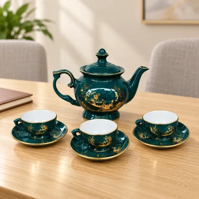 Mô phỏng một ấm Đài Cát xanh cổ vịt và ba chén trên bàn tiếp khách