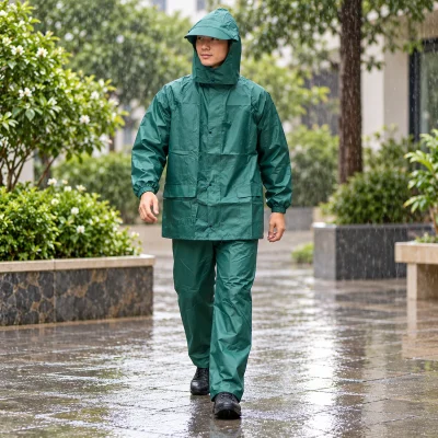 Bộ áo mưa một lớp vải tổ ong màu xanh – hình dung khi mặc thành bộ đi bộ