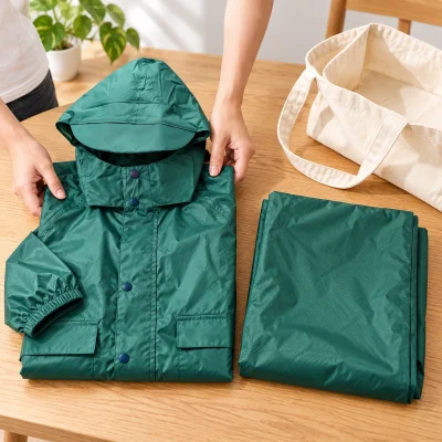 Bộ áo mưa một lớp vải tổ ong màu xanh – gấp và kiểm đủ hai món trước khi đóng bộ
