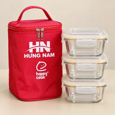 Bộ ba hộp thủy tinh vuông HappyCook HCG-03SB 520 ml – logo lớn trên khoảng túi đỏ trống