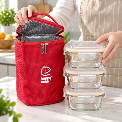 Bộ ba hộp thủy tinh vuông HappyCook HCG-03SB 520 ml – cân phương án mang cả bộ trong túi