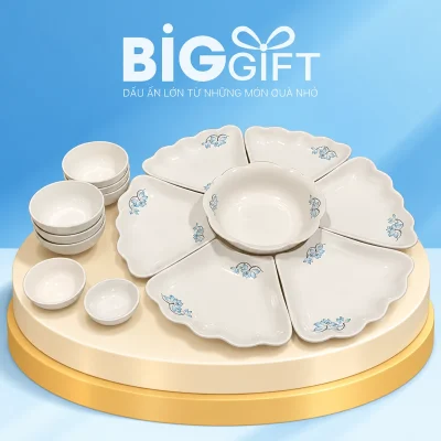 Bộ bát đĩa Mặt Trời Minh Châu 15 món hoa sen xanh – đĩa cánh quạt và hoa sen xanh