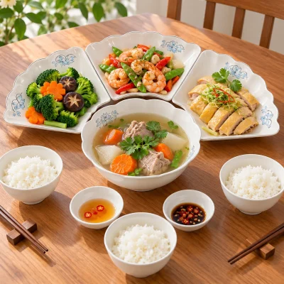 Bộ bát đĩa Mặt Trời Minh Châu 15 món hoa sen xanh – bày nhiều món với đĩa cánh quạt
