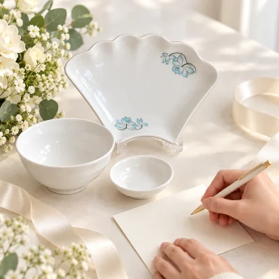 Bộ bát đĩa Mặt Trời Minh Châu 15 món hoa sen xanh – chuẩn bị thông điệp trên thiệp