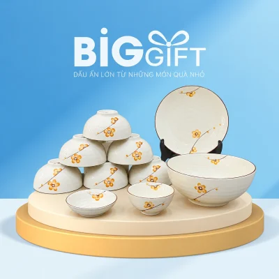 Bộ men kem 10 món hoa vàng viền nâu trên nền BigGift