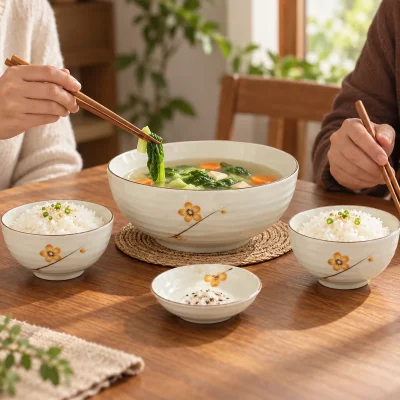 Bữa cơm hai người dùng hai bát ăn, bát lớn và đĩa chấm hoa vàng