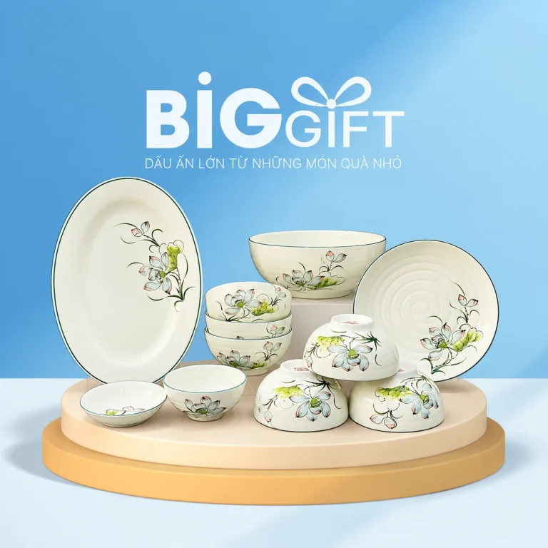 Bộ b&aacute;t đĩa men kem 11 m&oacute;n hoa xanh l&aacute;, đĩa oval