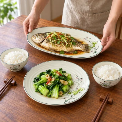 Cảnh bày cá trên đĩa oval, rau trên đĩa tròn và hai bát ăn hoa xanh lá