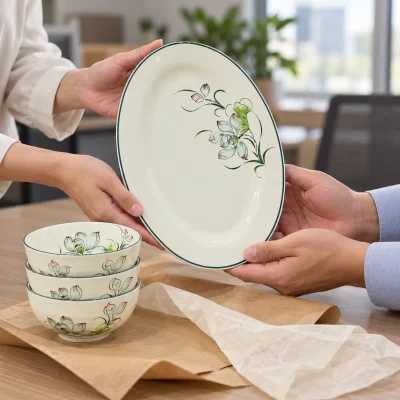 Trao mẫu đĩa oval hoa xanh lá với ba bát ăn và giấy gói tham khảo