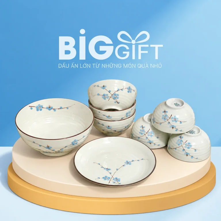 Bộ b&aacute;t đĩa men kem 8 m&oacute;n hoa xanh viền n&acirc;u