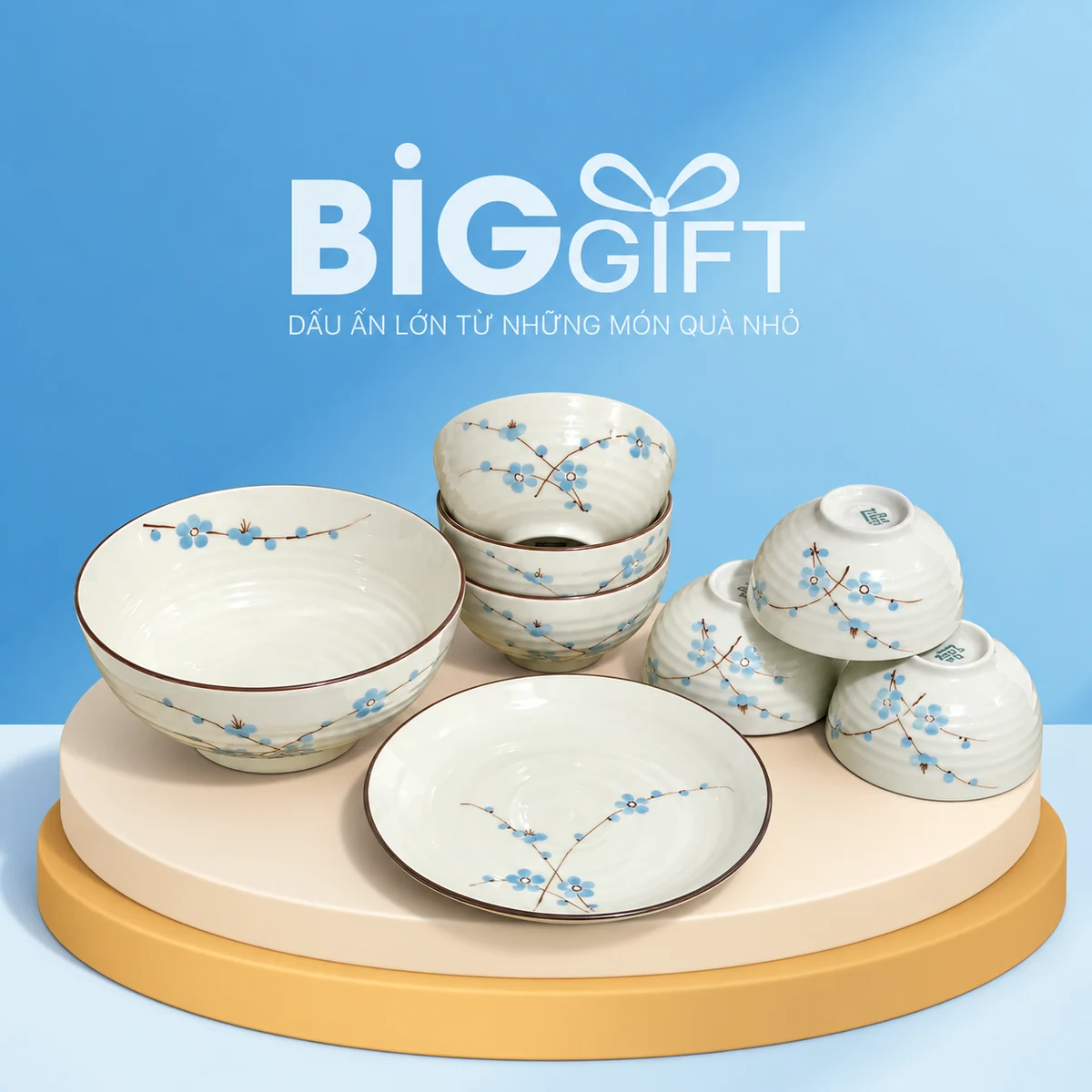 Bộ men kem 8 món hoa xanh viền nâu trên nền BigGift