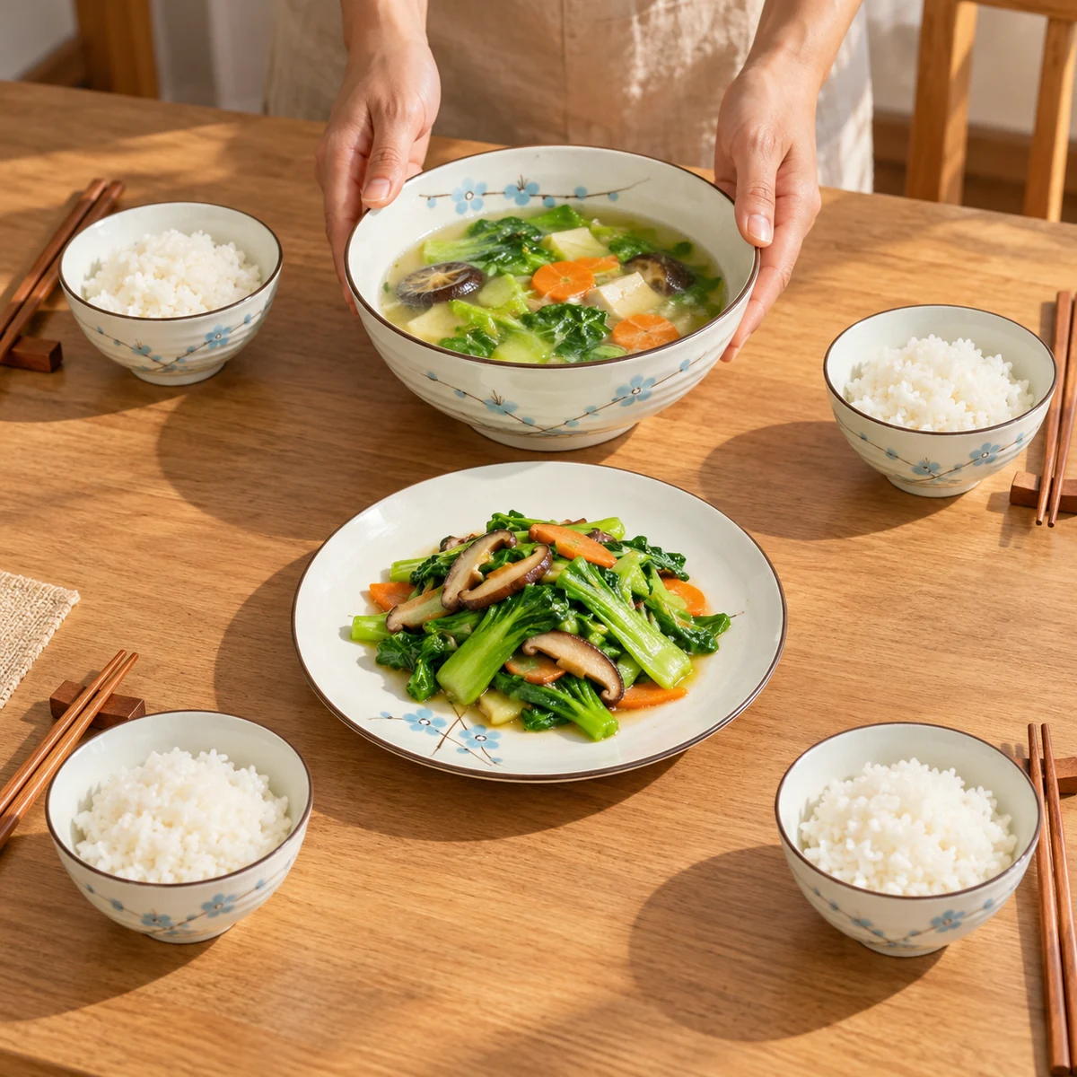 Bữa cơm bốn người với bốn bát ăn, một bát canh và một đĩa hoa xanh