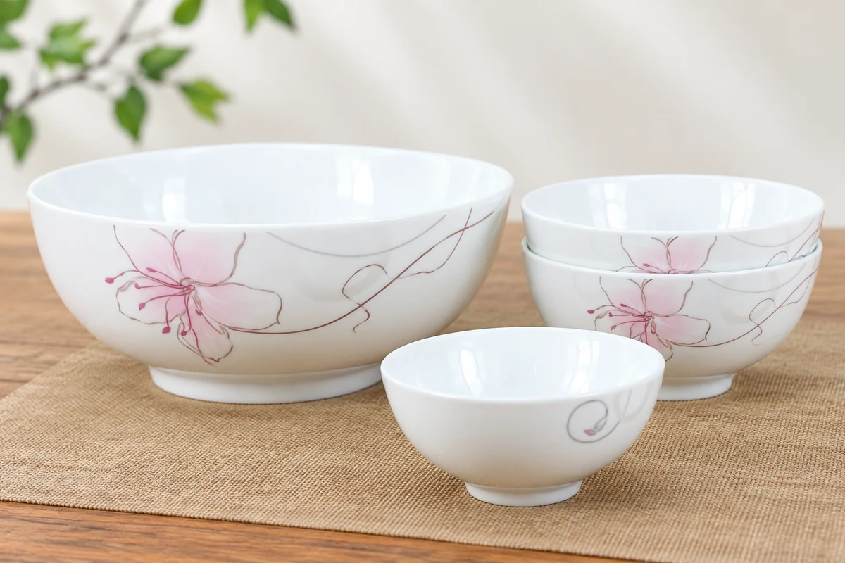 Chi tiết bát lớn, hai bát ăn và bát chấm sâu của mẫu hoa sen hồng