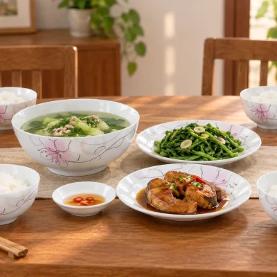 Cảnh bữa cơm bốn người dùng một phần bộ bát đĩa sen hồng