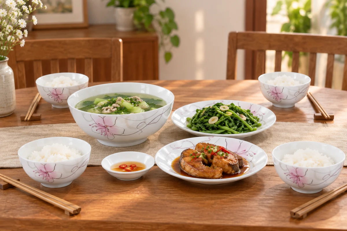 Cảnh bữa cơm bốn người dùng một phần bộ bát đĩa sen hồng
