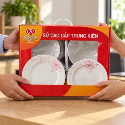 Cảnh trao hộp carton cửa sổ Trung Kiên của bộ bát đĩa sen hồng