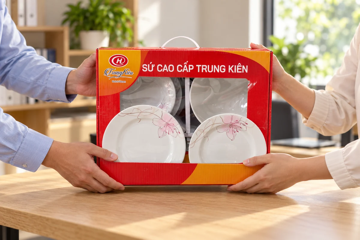 Cảnh trao hộp carton cửa sổ Trung Kiên của bộ bát đĩa sen hồng