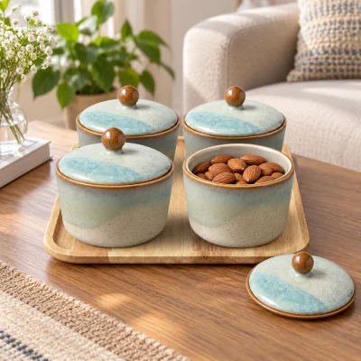 Bộ bốn hũ mứt tròn hỏa biến xanh kem kèm khay gỗ – gợi ý sử dụng