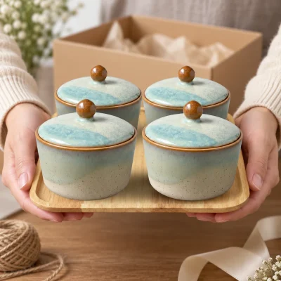 Bộ bốn hũ mứt tròn hỏa biến xanh kem kèm khay gỗ – gợi ý trao quà