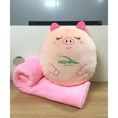 Bộ chăn gối văn phòng 2 trong 1 vải nỉ, mẫu heo hồng – ảnh thật của phiên bản heo hồng và chăn phối cùng