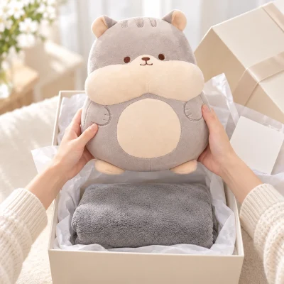 Bộ chăn gối văn phòng hình thú xám phối kem – mở hộp và nhìn đủ hai món