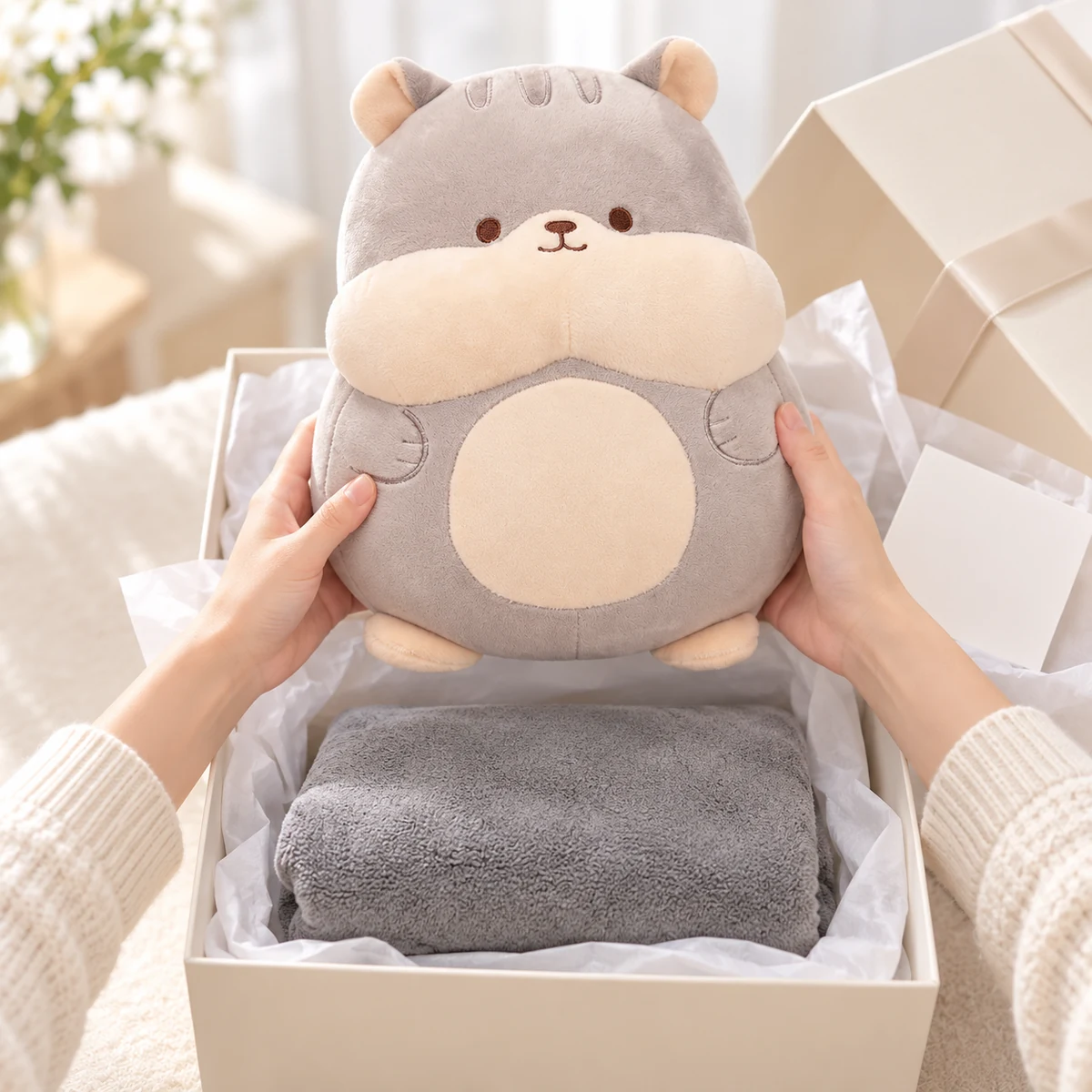 Bộ chăn gối văn phòng hình thú xám phối kem – mở hộp và nhìn đủ hai món