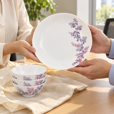 Trao mẫu đĩa Daisy Cỏ Tím với ba chén và giấy lụa tham khảo