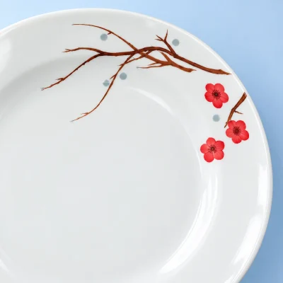 Bộ đồ ăn Daisy Hồng Mai 9 món – xem gần cành hoa và viền đĩa