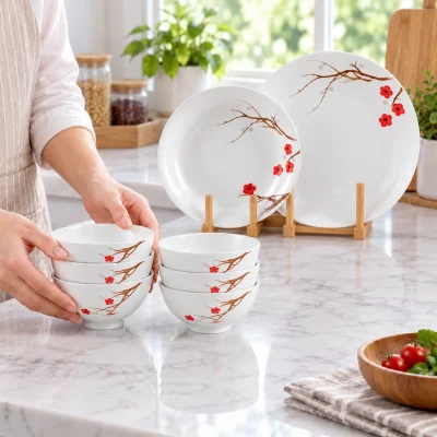 Bộ đồ ăn Daisy Hồng Mai 9 món – cất chén theo nhóm cùng hai loại đĩa
