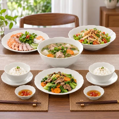 Bộ đồ ăn Mẫu Đơn IFP trắng ngà 22 món – bày phần riêng và món dùng chung