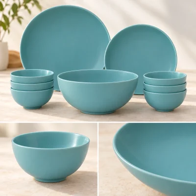 Bộ đồ ăn Timeless xanh dương 9 món – quan sát đường viền và độ cong
