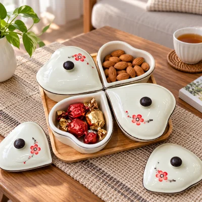 Bộ khay mứt bốn hũ hình tim hoa đỏ kèm khay gỗ – gợi ý sử dụng
