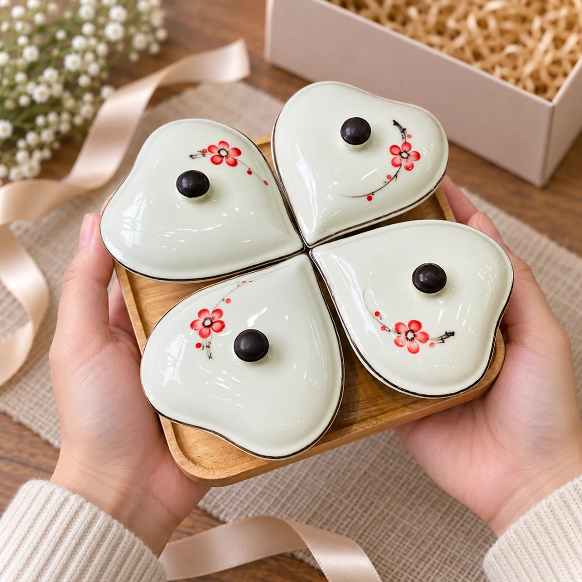 Bộ khay mứt bốn hũ hình tim hoa đỏ kèm khay gỗ – gợi ý trao quà
