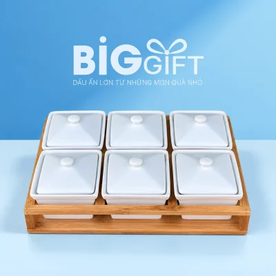 Bộ khay mứt sáu hộp sứ chữ nhật trắng kèm khay gỗ – hình giới thiệu sản phẩm