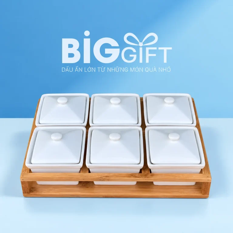 Bộ khay mứt sáu hộp sứ chữ nhật trắng kèm khay gỗ