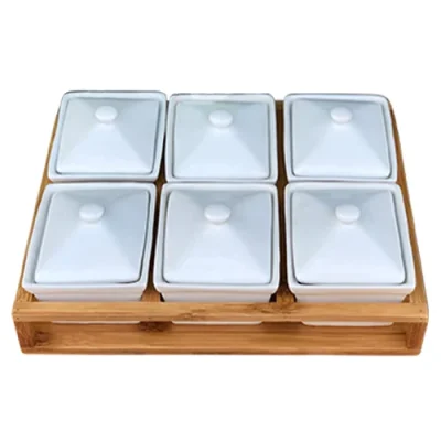 Bộ khay mứt sáu hộp sứ chữ nhật trắng kèm khay gỗ – ảnh thực tế