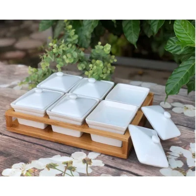 Bộ khay mứt sáu hộp sứ chữ nhật trắng kèm khay gỗ – chi tiết sản phẩm