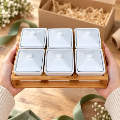 Bộ khay mứt sáu hộp sứ chữ nhật trắng kèm khay gỗ – gợi ý trao quà