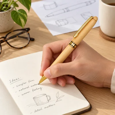 Cảnh mô phỏng dùng bút gỗ BGV 001 ghi ý tưởng vào sổ giấy