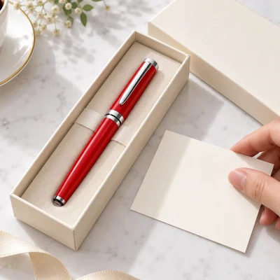 Bút ký kim loại BKV 012 đỏ phối bạc – trình bày quà cùng hộp và thiệp