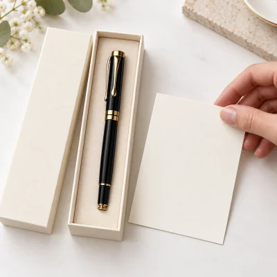 Bút ký kim loại BKV 014 đen phối vàng – trình bày quà cùng hộp và thiệp