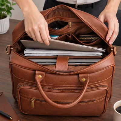 Cảnh đưa tập hồ sơ vào ngăn lót nâu mở của Trita TCA5 bò đậm
