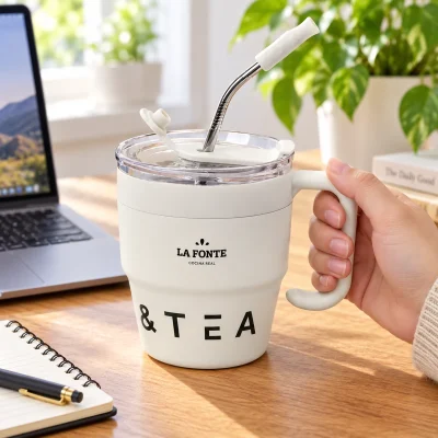 Cốc cà phê Lafonte 480 ml có quai và ống hút inox – hình dung cách cầm cốc trên bàn làm việc
