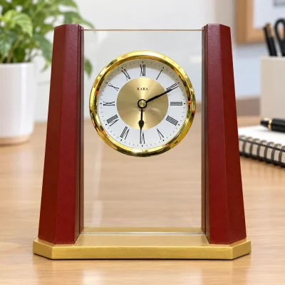 Đồng hồ để bàn gỗ 05, mặt số La Mã viền vàng – đặt đồng hồ ở góc làm việc thoáng