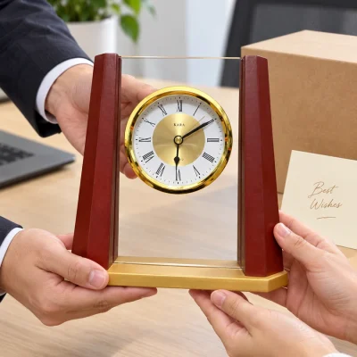Đồng hồ để bàn gỗ 05, mặt số La Mã viền vàng – trao quà với mặt số hướng về người nhận