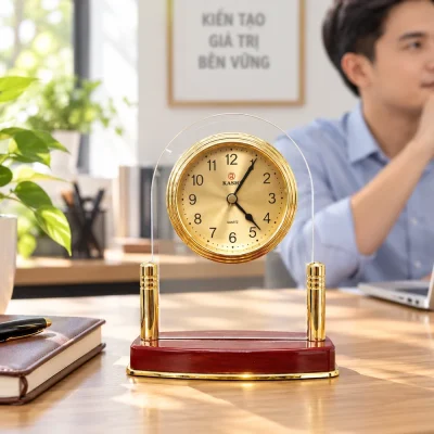 Đồng hồ để bàn Kashi BT5 mặt vàng, đế nâu – gợi ý đặt trên bàn làm việc