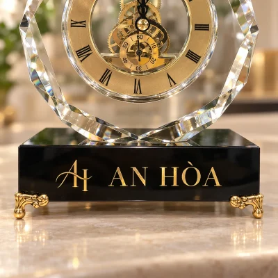 Đồng hồ để bàn pha lê tròn PL01, đế đen chân vàng – demo nhận diện rõ trên đế đen