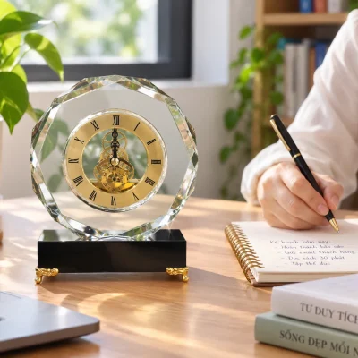 Đồng hồ để bàn pha lê tròn PL01, đế đen chân vàng – gợi ý đặt trên bàn làm việc