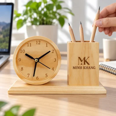 Đồng hồ tròn phối ống bút gỗ sáng trên đế dài – gom bút cạnh phần xem giờ
