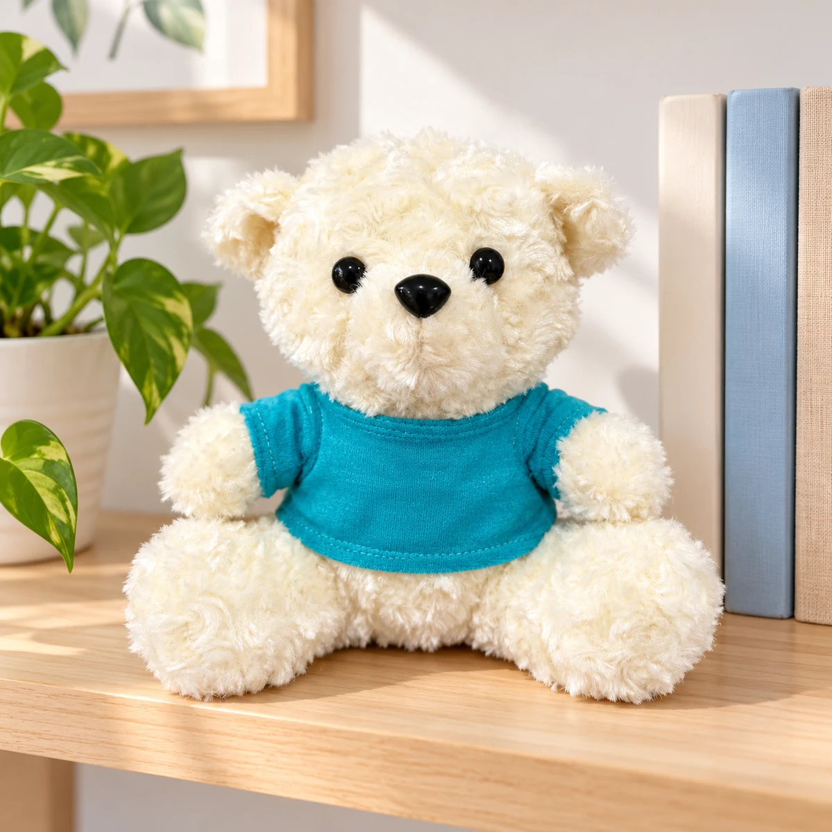 Gấu bông cỡ 20 cm, áo xanh ngọc – gợi ý trưng trên một góc kệ sáng